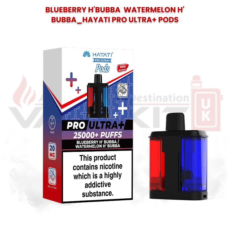 Hayati Pro Ultra+ replacement pods in Blueberry H Bubba and Watermelon H Bubba flavours with 25000+ puffs packaging and dual-flavour pod design featuring red and blue chambers.