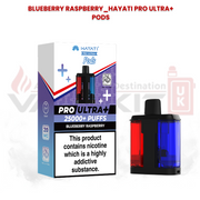 Hayati Pro Ultra+ replacement pods in Blueberry Raspberry flavour with 25000+ puffs packaging and dual-flavour pod design featuring red and blue chambers.