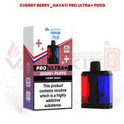 Hayati Pro Ultra+ replacement pods in Cherry Berry flavour with 25000+ puffs packaging and dual-flavour pod design featuring red and blue chambers.