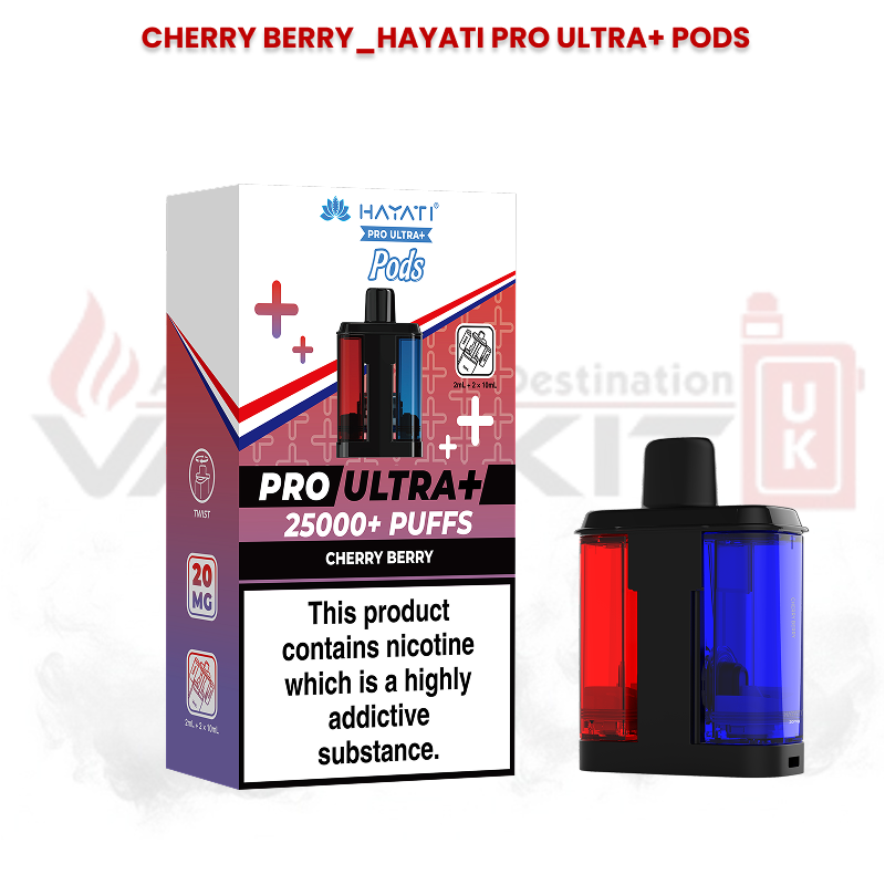 Hayati Pro Ultra+ replacement pods in Cherry Berry flavour with 25000+ puffs packaging and dual-flavour pod design featuring red and blue chambers.