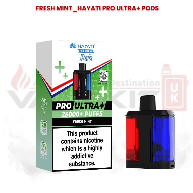 Hayati Pro Ultra+ replacement pods in Fresh Mint flavour with 25000+ puffs packaging and dual-flavour pod design featuring red and blue chambers.
