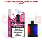 Hayati Pro Ultra+ replacement pods in Grape GB and Strawberry GB flavours with 25000+ puffs packaging and dual-flavour pod design featuring red and blue chambers.