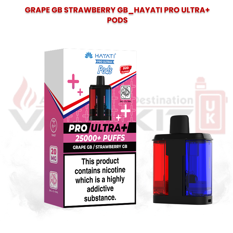 Hayati Pro Ultra+ replacement pods in Grape GB and Strawberry GB flavours with 25000+ puffs packaging and dual-flavour pod design featuring red and blue chambers.