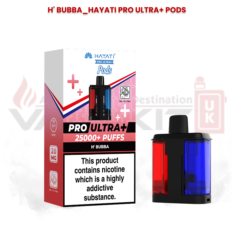 Hayati Pro Ultra+ replacement pods in H’ Bubba flavour with 25000+ puffs packaging and dual-flavour pod design featuring red and blue chambers.