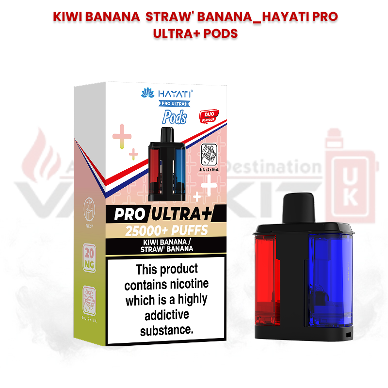 Hayati Pro Ultra+ replacement pods in Kiwi Banana and Straw Banana flavours with 25000+ puffs packaging and dual-flavour pod design featuring red and blue chambers.