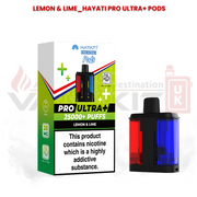 Hayati Pro Ultra+ replacement pods in Lemon and Lime flavour with 25000+ puffs packaging and dual-flavour pod design featuring red and blue chambers.