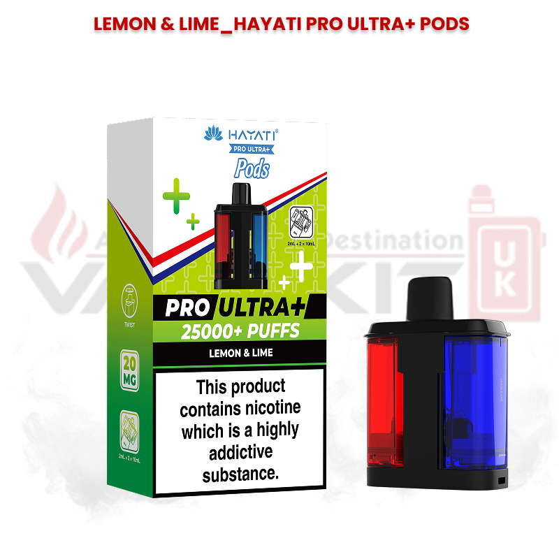 Hayati Pro Ultra+ replacement pods in Lemon and Lime flavour with 25000+ puffs packaging and dual-flavour pod design featuring red and blue chambers.