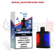 Hayati Pro Ultra+ replacement pods in Mr Blue flavour with 25000+ puffs packaging and dual-flavour pod design featuring red and blue chambers.