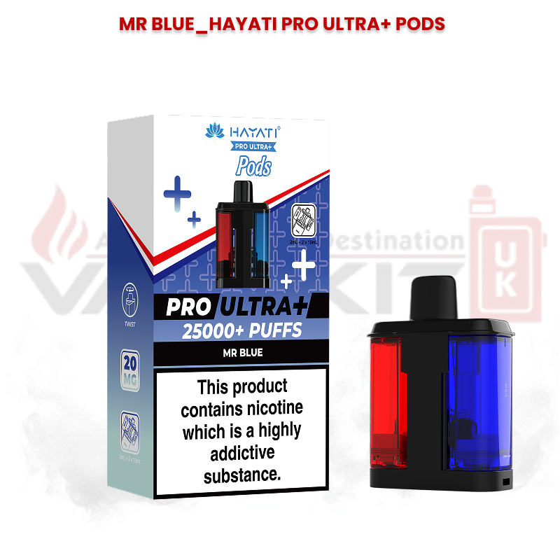 Hayati Pro Ultra+ replacement pods in Mr Blue flavour with 25000+ puffs packaging and dual-flavour pod design featuring red and blue chambers.