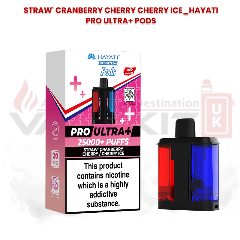 Hayati Pro Ultra+ replacement pods in Strawberry Cranberry, Cherry, and Cherry Ice flavours with 25000+ puffs packaging and dual-flavour pod design featuring red and blue chambers.