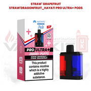 Hayati Pro Ultra+ replacement pods in Strawberry Grapefruit and Strawberry Dragonfruit flavours with 25000+ puffs packaging and dual-flavour pod design featuring red and blue chambers.
