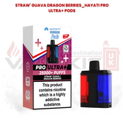 Hayati Pro Ultra+ replacement pods in Strawberry Guava and Dragon Berries flavours with 25000+ puffs packaging and dual-flavour pod design featuring red and blue chambers.