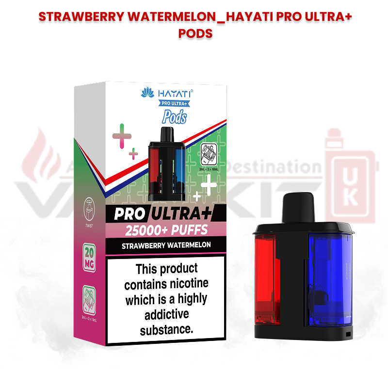 Hayati Pro Ultra+ replacement pods in Strawberry Watermelon flavour with 25000+ puffs packaging and dual-flavour pod design featuring red and blue chambers.