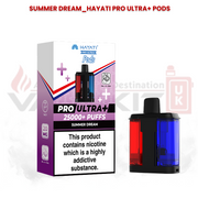 Hayati Pro Ultra+ replacement pods in Summer Dream flavour with 25000+ puffs packaging and dual-flavour pod design featuring red and blue chambers.