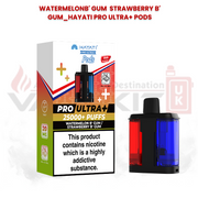Hayati Pro Ultra+ replacement pods in Watermelon Bubblegum and Strawberry Bubblegum flavours with 25000+ puffs packaging and dual-flavour pod design featuring red and blue chambers.