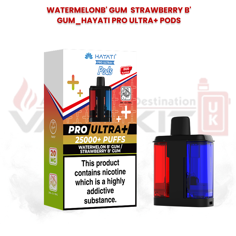 Hayati Pro Ultra+ replacement pods in Watermelon Bubblegum and Strawberry Bubblegum flavours with 25000+ puffs packaging and dual-flavour pod design featuring red and blue chambers.