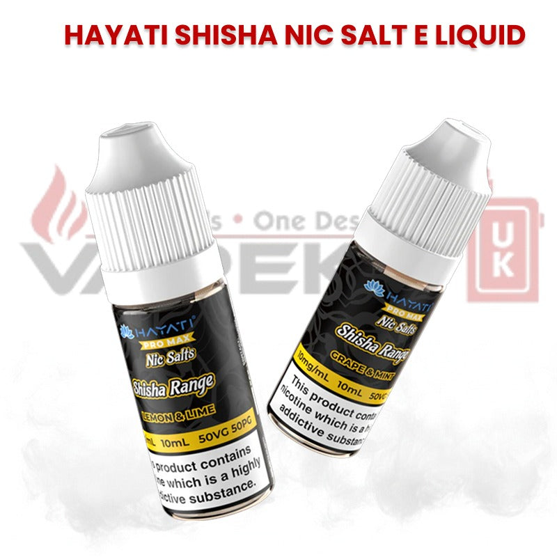 Hayati Shisha Nic Salt e-liquid bottles featuring Lemon & Lime and Grape flavors in 10ml nicotine salt shisha range.