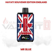 Hayati Souvenir Edition England Mr Blue disposable vape with Union Jack design and “I Love London” branding