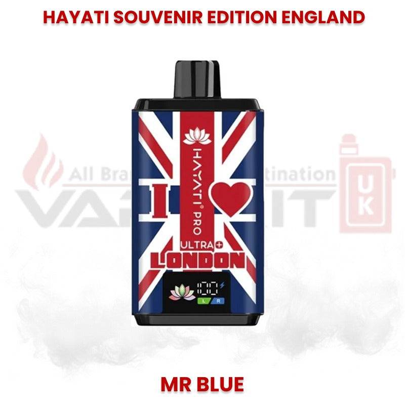 Hayati Souvenir Edition England Mr Blue disposable vape with Union Jack design and “I Love London” branding