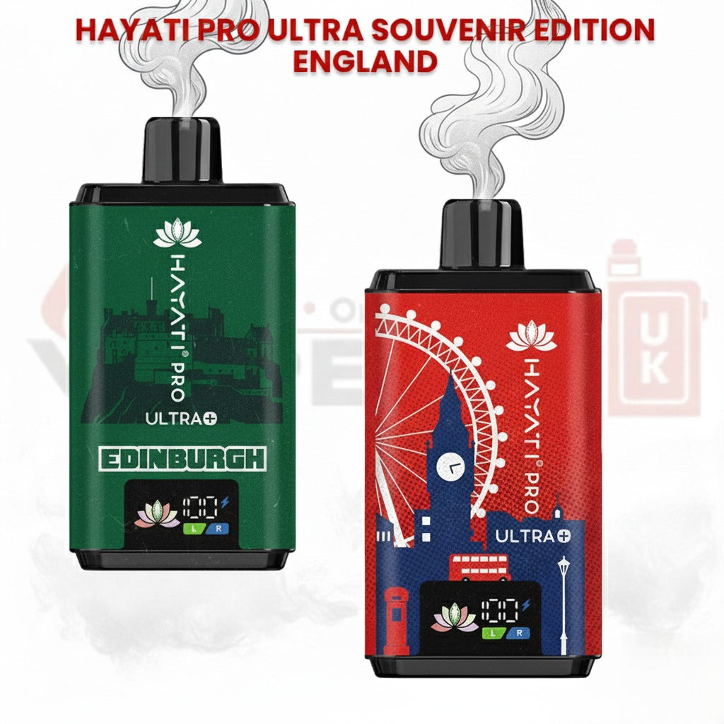 Hayati Pro Ultra souvenir edition devices, one green with Edinburgh design and one red with London design, on a white background.