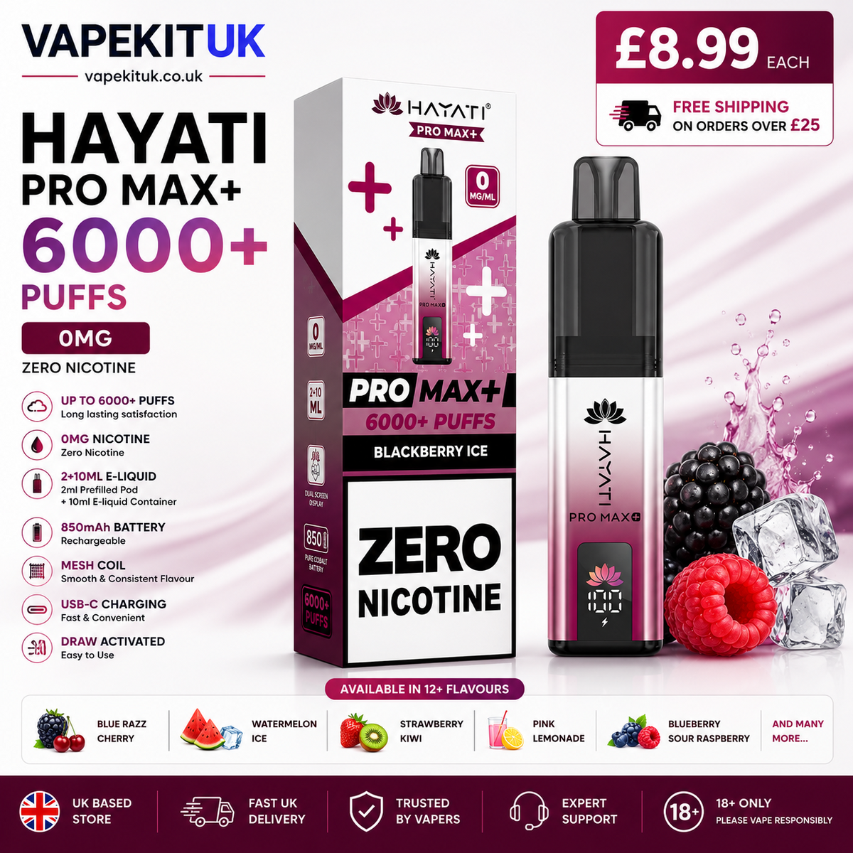 VapeKitUK Hayati Pro Max+ 6000+ puffs vape in Blackberry Ice flavor, shown with its retail box on a white and pink promotional background with flavor icons and UK shipping information.