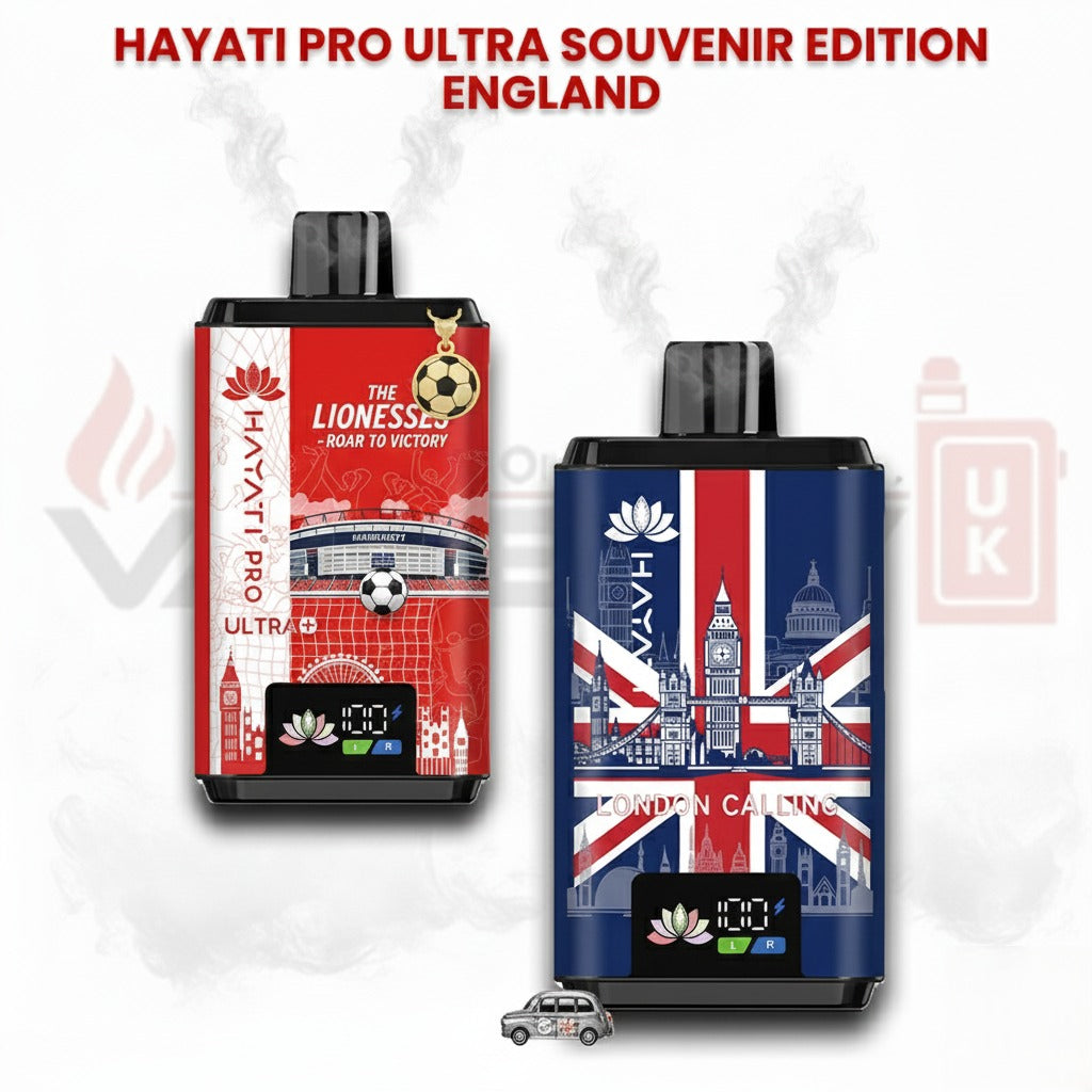 Two vape devices with 'Hayati Pro Ultra' branding, one featuring a British flag design and the other with a red and white design.