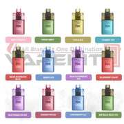 HQD Glow Air 70K vape collection displaying multiple flavors including Juicy Peach, Fresh Mint, Cola Ice, Cherry Ice, Berry Ice, Blackcurrant Ice, Blueberry Rasp, Watermelon, Summer Dream, Strawberry Ice, and Mr Blue Razz Ice in colorful gradient designs.