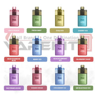 HQD Glow Air 70K vape collection displaying multiple flavors including Juicy Peach, Fresh Mint, Cola Ice, Cherry Ice, Berry Ice, Blackcurrant Ice, Blueberry Rasp, Watermelon, Summer Dream, Strawberry Ice, and Mr Blue Razz Ice in colorful gradient designs.