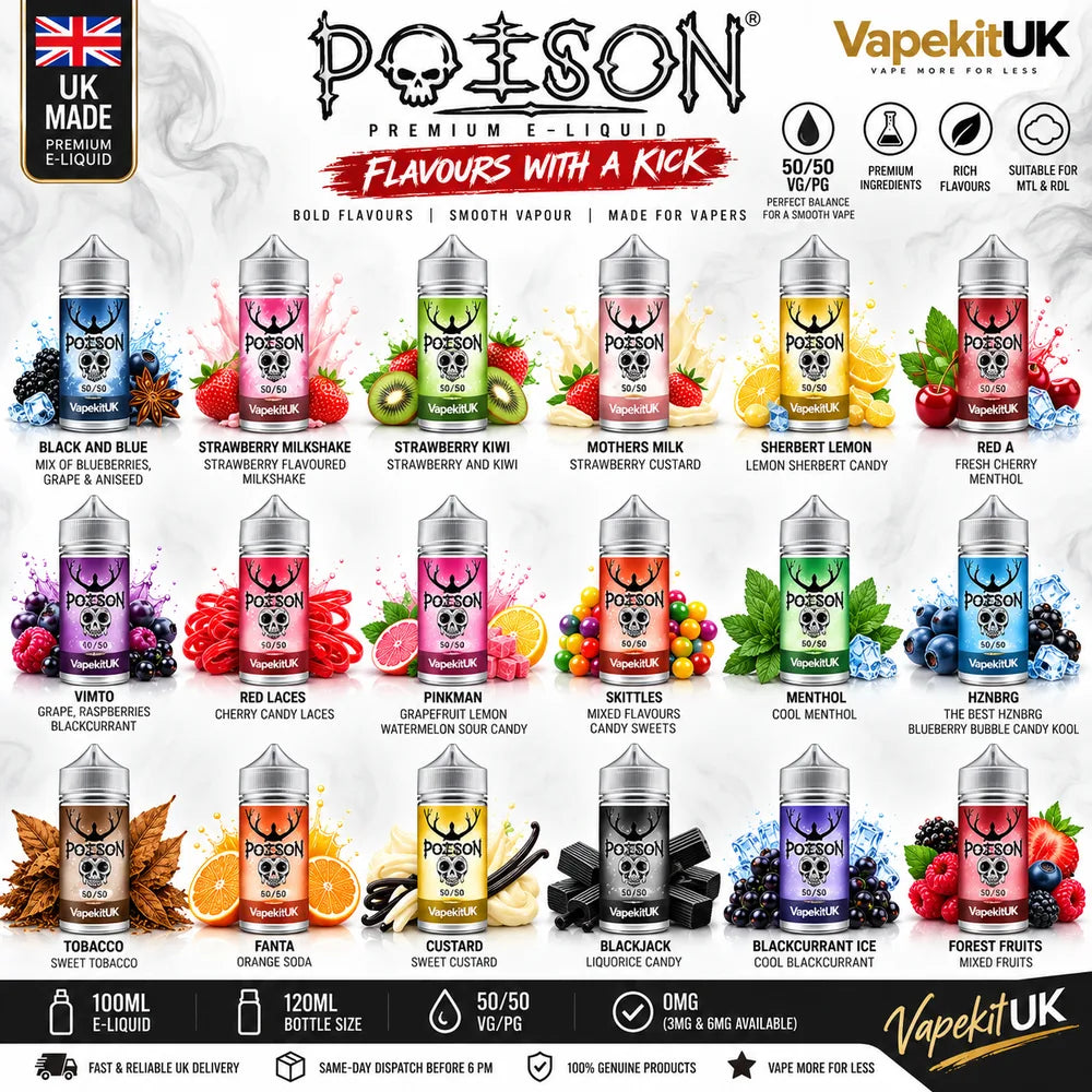 Poison 100ml E-Liquid UK flavour range – 50/50 VG/PG vape juice flavours | VapeKitUK