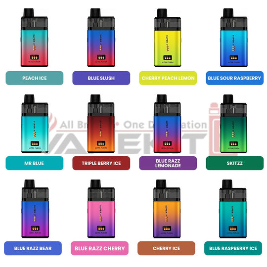 Collection of prefilled vape devices showing multiple flavors including Peach Ice, Blue Slush, Cherry Peach Lemon, Blue Sour Raspberry, Triple Berry Ice, Blue Razz Lemonade, Skittz, Cherry Ice, and Blue Raspberry Ice
