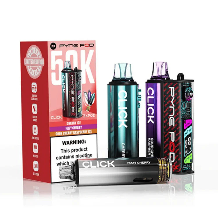 Pyne Pod Click 50K Prefilled Pod Kit Cherry Edition rechargeable vape device featuring a cherry-inspired design, prefilled pod system, and up to 50,000 puff capacity.