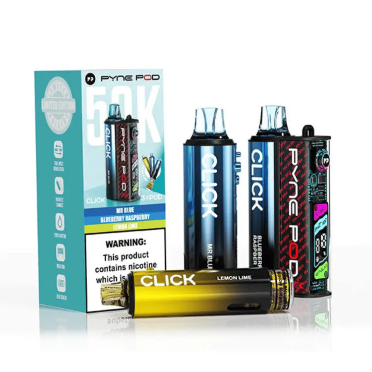 Pyne Pod Click 50K Prefilled Pod Kit Classic Edition rechargeable vape device featuring a classic design, prefilled pod system, and up to 50,000 puff capacity.