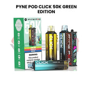 Pyne Pod Click 50K Prefilled Pod Kit Green Edition rechargeable vape device featuring a green-themed design, prefilled pod system, and up to 50,000 puff capacity.