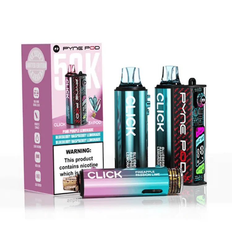 Pyne Pod Click 50K Prefilled Pod Kit Lemonade Edition rechargeable vape device featuring a lemonade-inspired design, prefilled pod system, and up to 50,000 puff capacity.