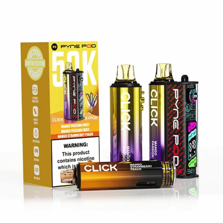 Pyne Pod Click 50K Prefilled Pod Kit Mango Edition rechargeable vape device featuring a mango-inspired design, prefilled pod system, and up to 50,000 puff capacity.