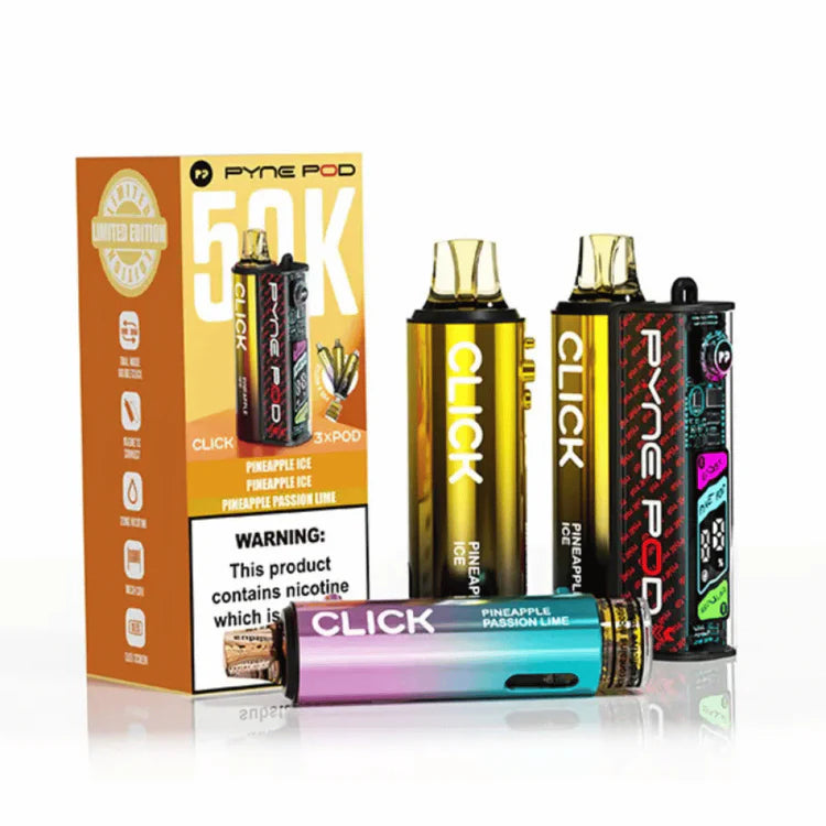 Pyne Pod Click 50K Prefilled Pod Kit Pineapple Edition rechargeable vape device with pineapple-flavored prefilled pod and long-lasting 50,000 puff capacity.