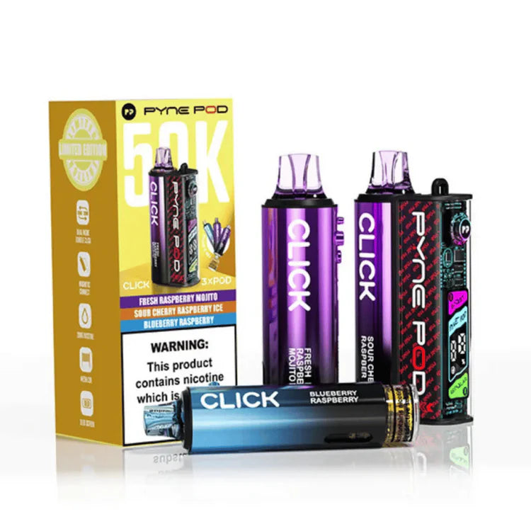 Pyne Pod Click 50K Prefilled Pod Kit Raspberry Edition rechargeable vape device featuring a raspberry-inspired design, prefilled pod system, and up to 50,000 puff capacity.