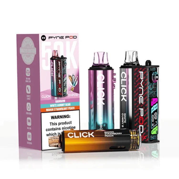 Pyne Pod Click 50K Prefilled Pod Kit Sweet Edition rechargeable vape device featuring a sweet-inspired design, prefilled pod system, and up to 50,000 puff capacity.