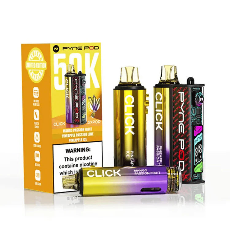Pyne Pod Click 50K Prefilled Pod Kit Tropical Edition rechargeable vape device featuring a tropical-inspired design, prefilled pod system, and up to 50,000 puff capacity.