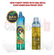 RandM Tornado 15000 vape kit showcasing 2025 ban proof certification with colorful cartoon design device and separate refill container