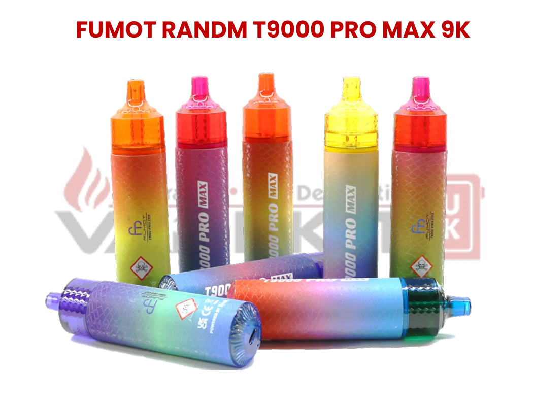 Colorful vape devices with 'FUMOT RANDM T9000 PRO MAX 9K' branding on a white background.