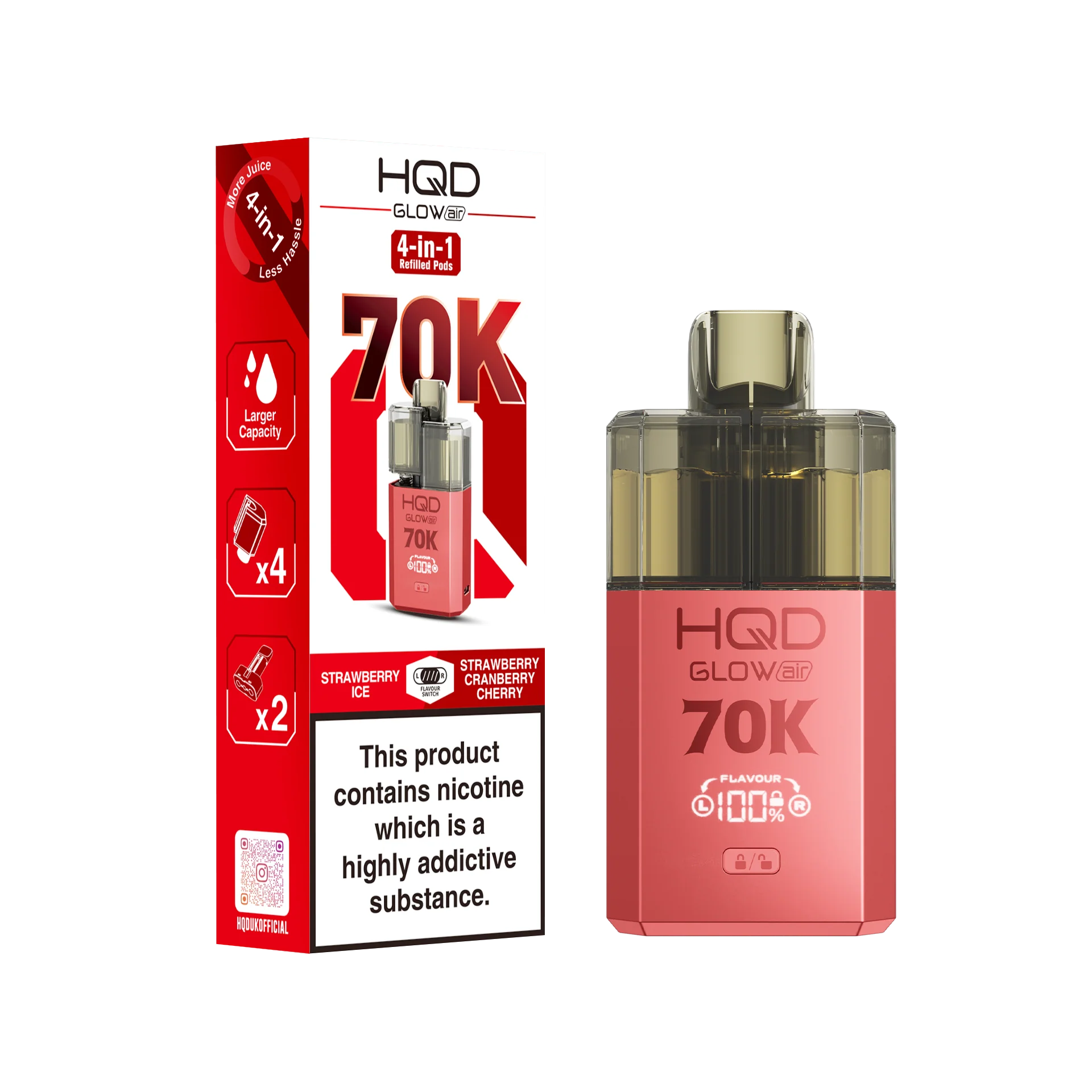 HQD 70K Rechargeable Vape Kit Strawberry Ice/ Strawberry Cranberry Cherry