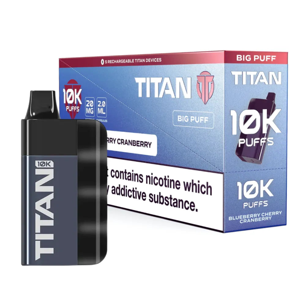 Titan 10K Box of 5 Rechargeable Prefilled Vape Blueberry Cherry Cranberry