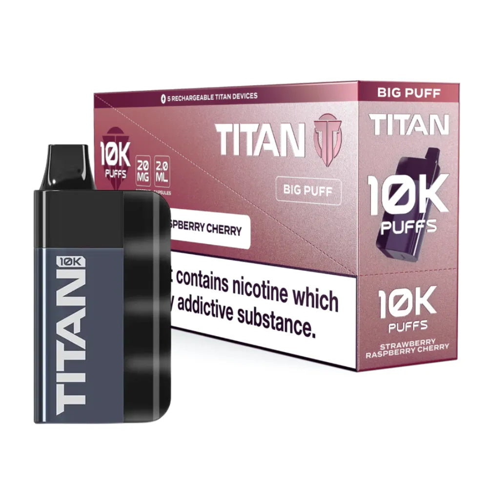 Titan 10K Box of 5 Rechargeable Prefilled Vape Strawberry Raspberry Cherry