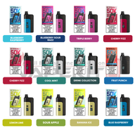 Titan 50K vape kit full flavour collection in 4x4 grid with packaging and device shown for each flavour