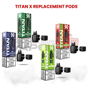 Titan X replacement vape pods in multiple flavours with product packaging and pod display