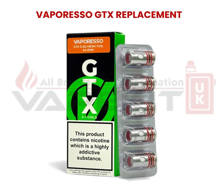 Vaporesso GTX Replacement Coils 0.2Ω Mesh Coil 5-pack (45-60W) with green packaging box and five coils in blister pack