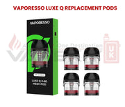 Vaporesso Luxe Q Replacement Pods 0.8Ω Mesh Pod 4-pack with black and green packaging box and four individual pods displayed