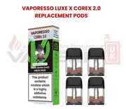 Vaporesso Luxe X CoreX 2.0 Replacement Pods XROS Series 0.4Ω Mesh Pod 4-pack with green packaging box and four individual pods displayed