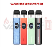 Vaporesso XROS 5 Vape Kit in four colors – blue, red, mint green, and black – with PWR mode displayed on LED screens